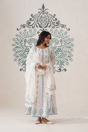 Mul Chanderi Chikankari 3pc Suit - white and blue