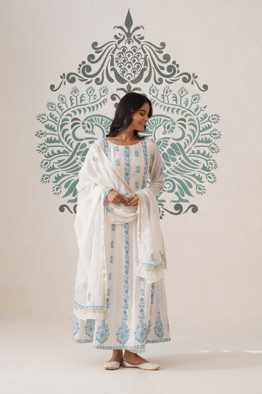 Mul Chanderi Chikankari 3pc Suit - white and blue