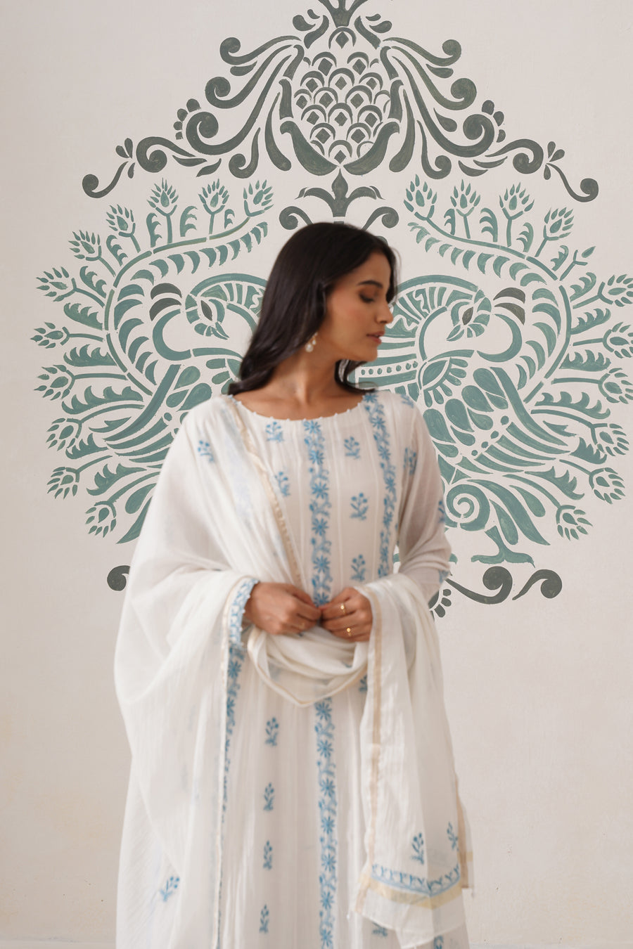 Mul Chanderi Chikankari 3pc Suit - white and blue