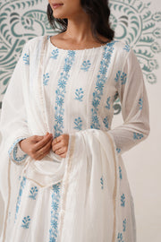 Mul Chanderi Chikankari 3pc Suit - white and blue