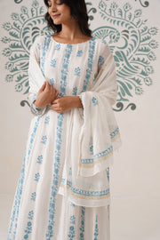 Mul Chanderi Chikankari 3pc Suit - white and blue