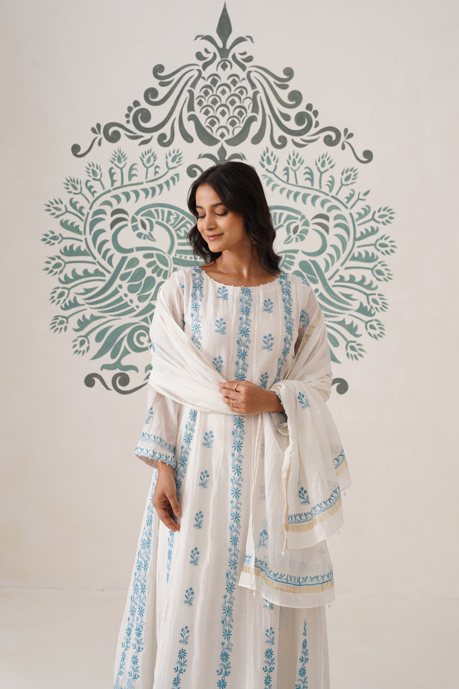 Mul Chanderi Chikankari 3pc Suit - white and blue