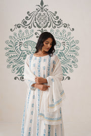 Mul Chanderi Chikankari 3pc Suit - white and blue