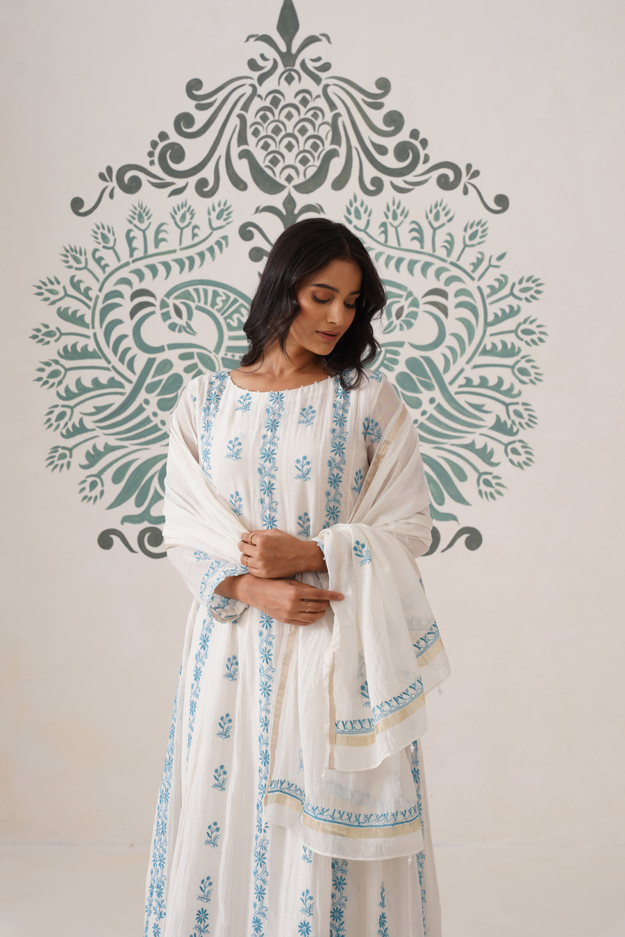 Mul Chanderi Chikankari 3pc Suit - white and blue