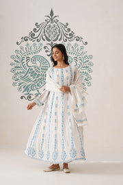 Mul Chanderi Chikankari 3pc Suit - white and blue