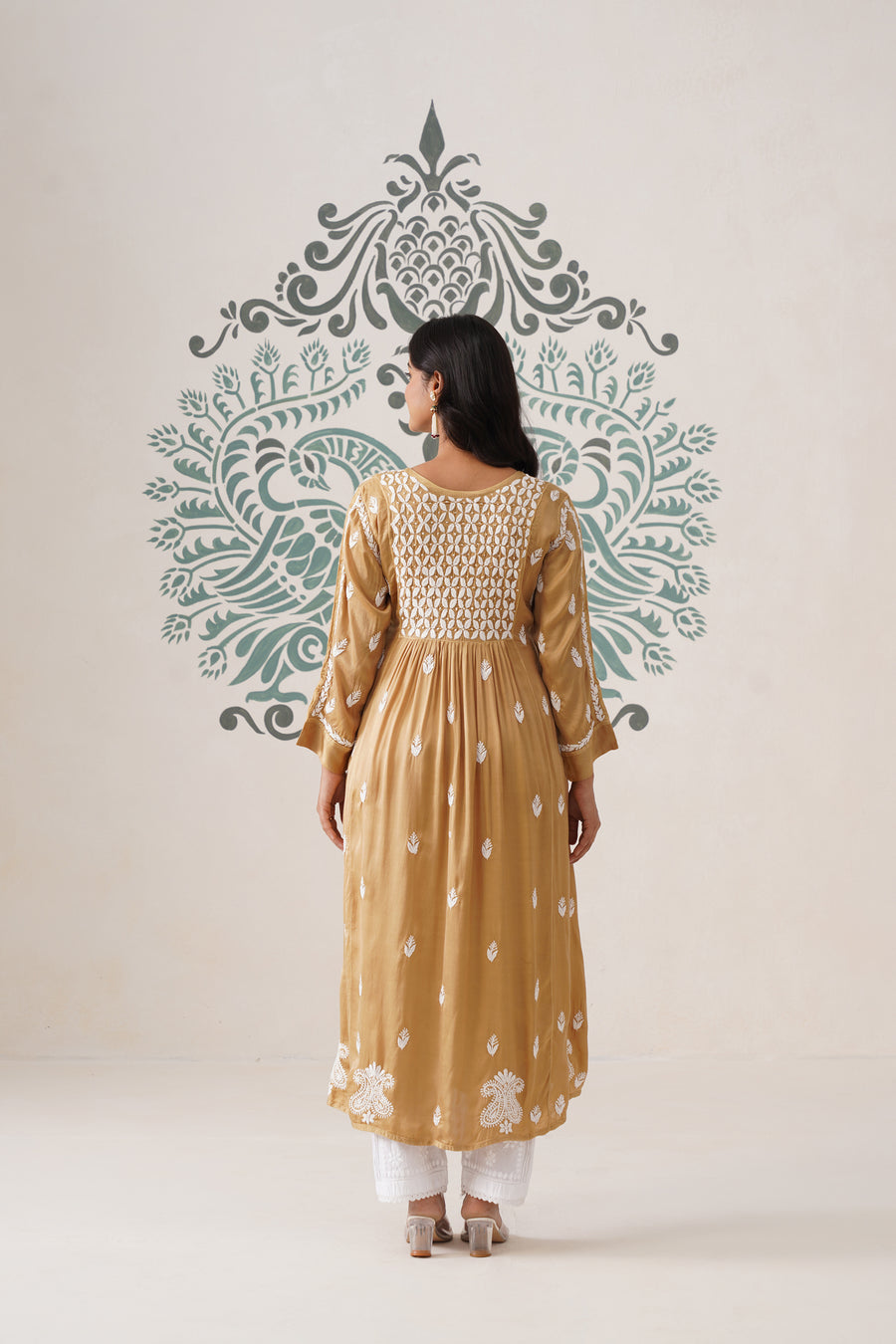 Modal Chikankari A-Line Long Kurti - Ochre