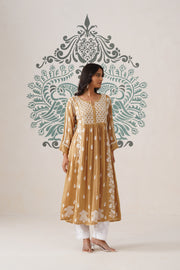 Modal Chikankari A-Line Long Kurti - Ochre