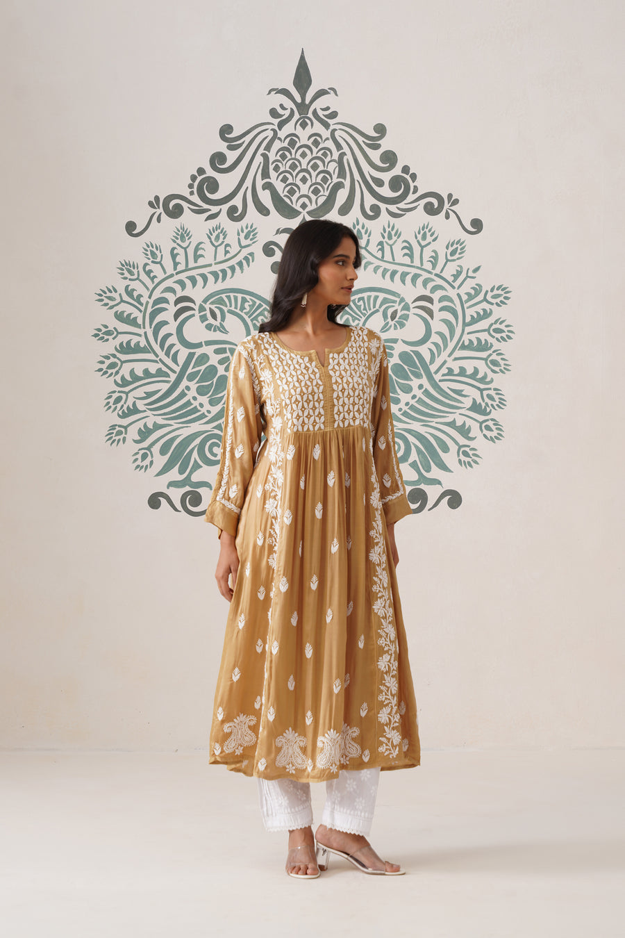 Modal Chikankari A-Line Long Kurti - Ochre