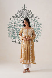 Modal Chikankari A-Line Long Kurti - Ochre