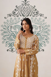 Modal Chikankari A-Line Long Kurti - Ochre