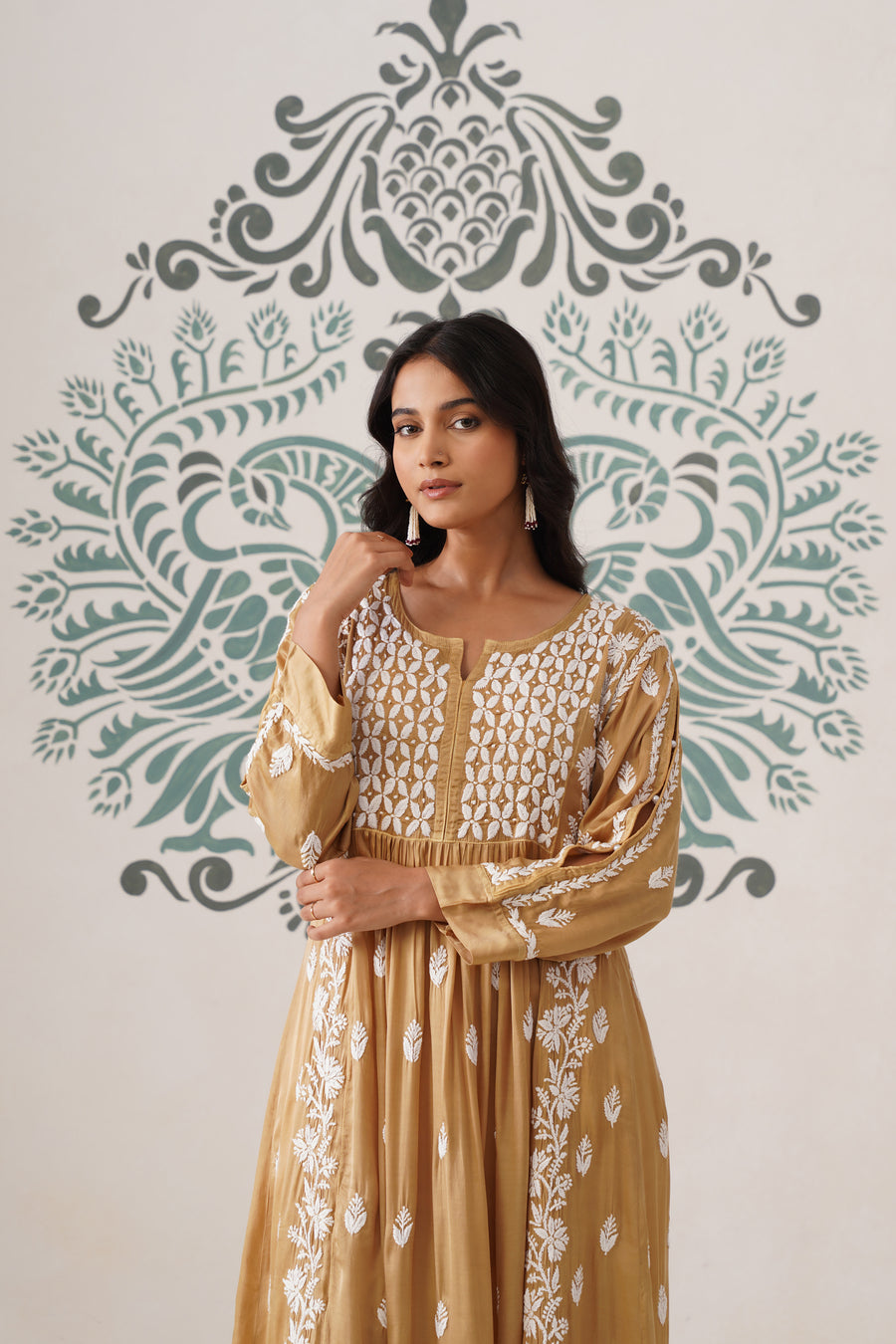 Modal Chikankari A-Line Long Kurti - Ochre