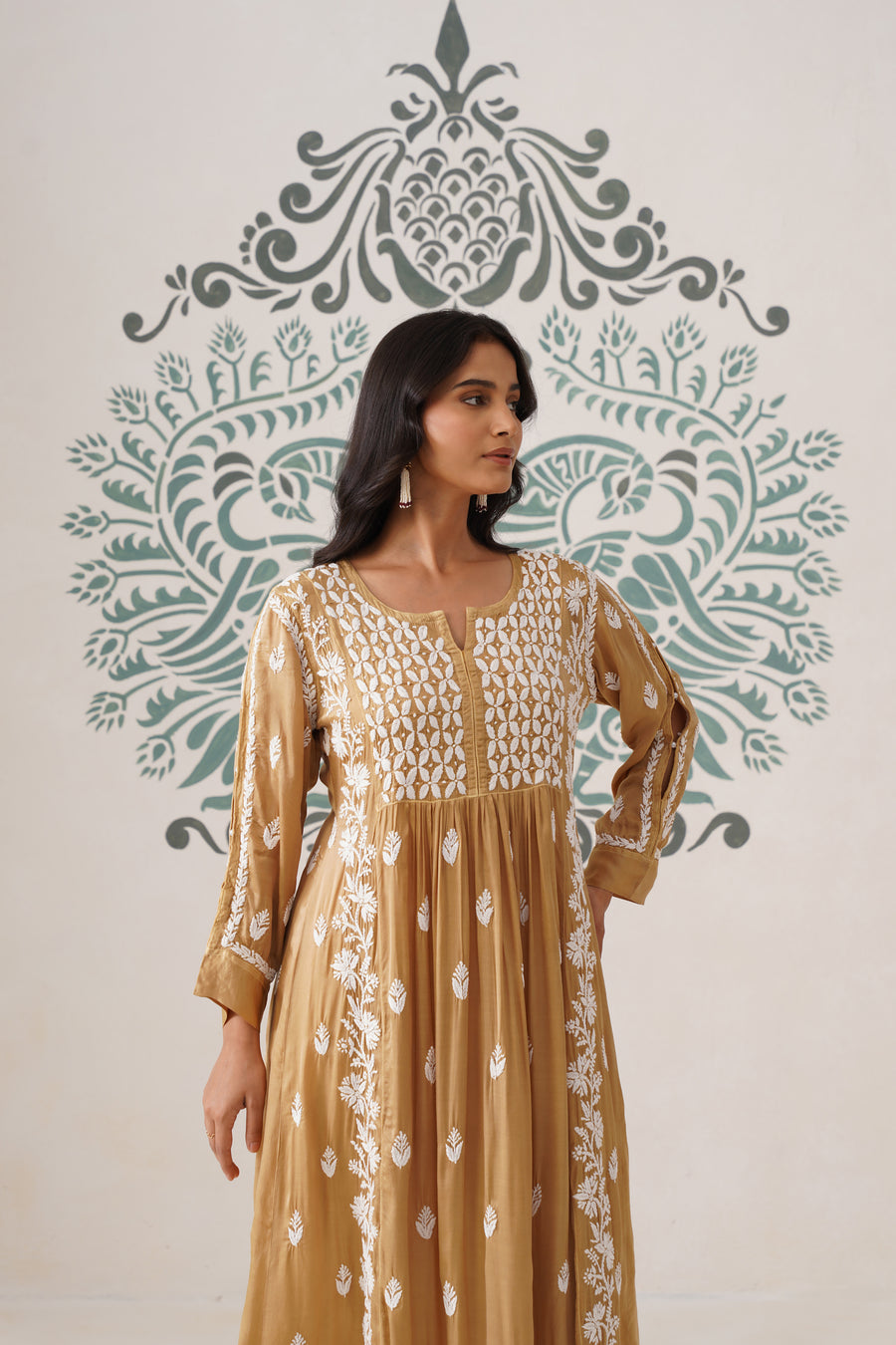 Modal Chikankari A-Line Long Kurti - Ochre
