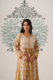 Modal Chikankari A-Line Long Kurti - Ochre