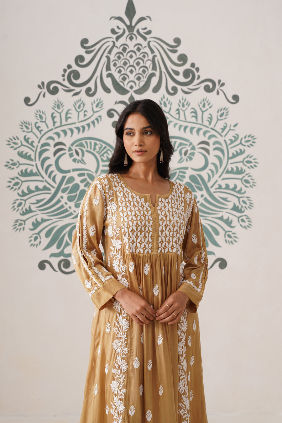 Modal Chikankari A-Line Long Kurti - Ochre