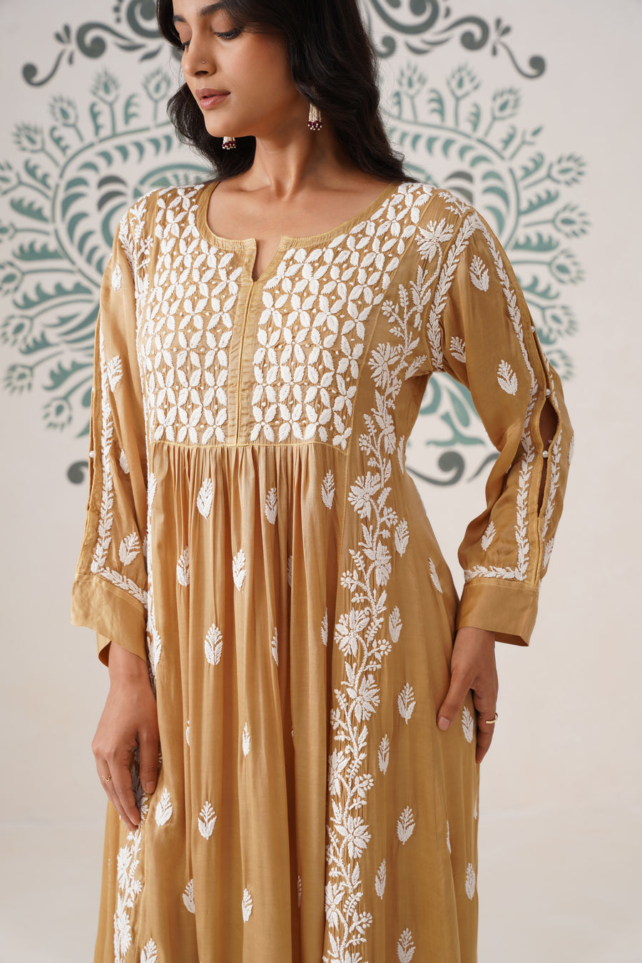 Modal Chikankari A-Line Long Kurti - Ochre