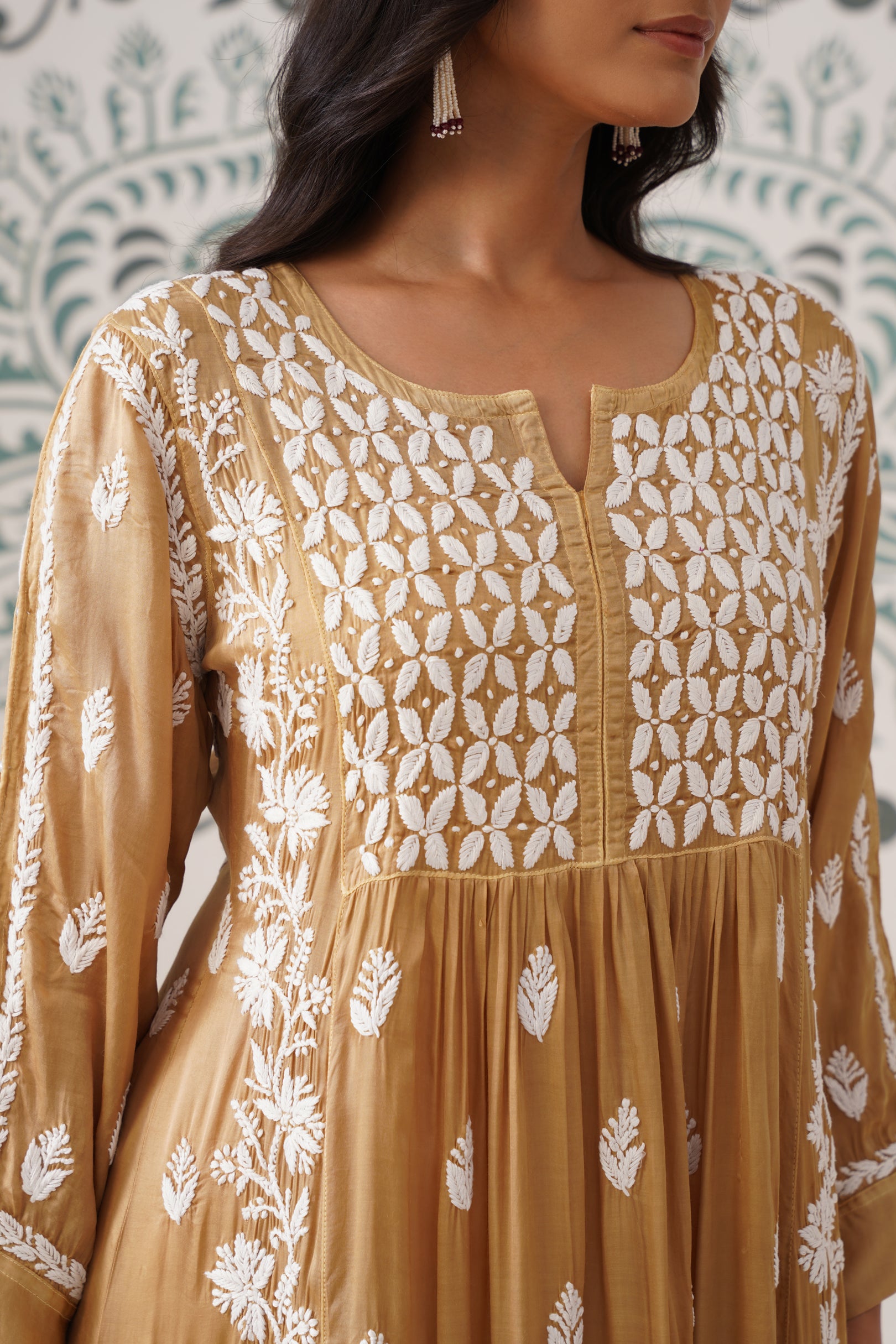 Modal Chikankari A-Line Long Kurti - Ochre