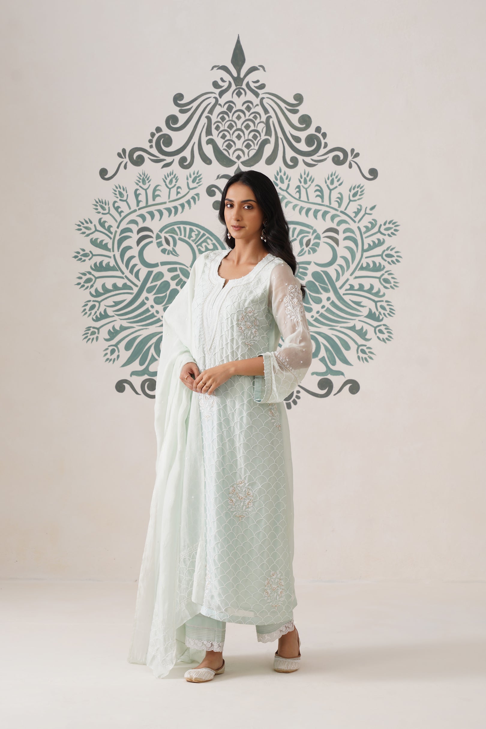 Chikankari Organza 3pc Suit - Mint Frost
