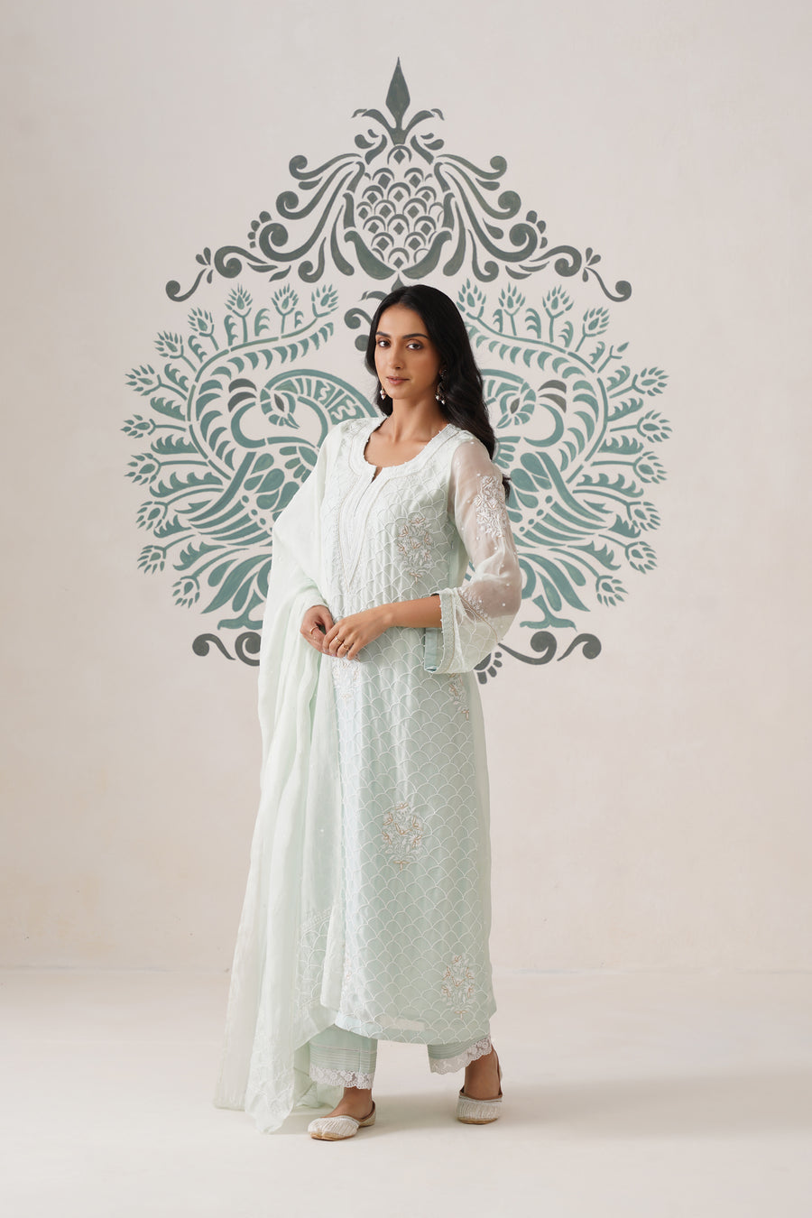 Chikankari Organza 3pc Suit - Mint Frost