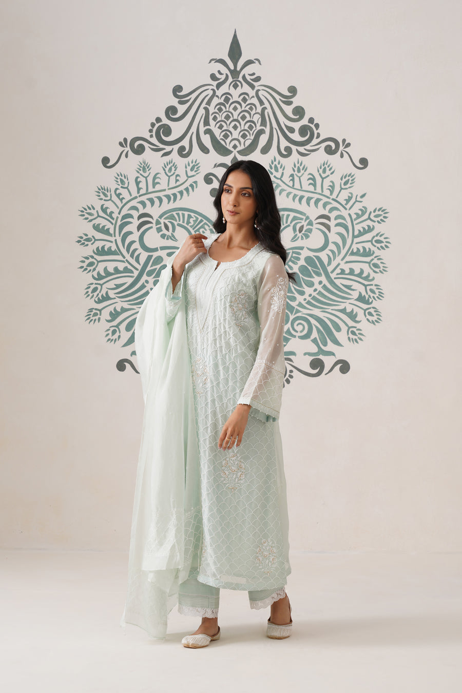 Chikankari Organza 3pc Suit - Mint Frost