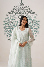 Chikankari Organza 3pc Suit - Mint Frost