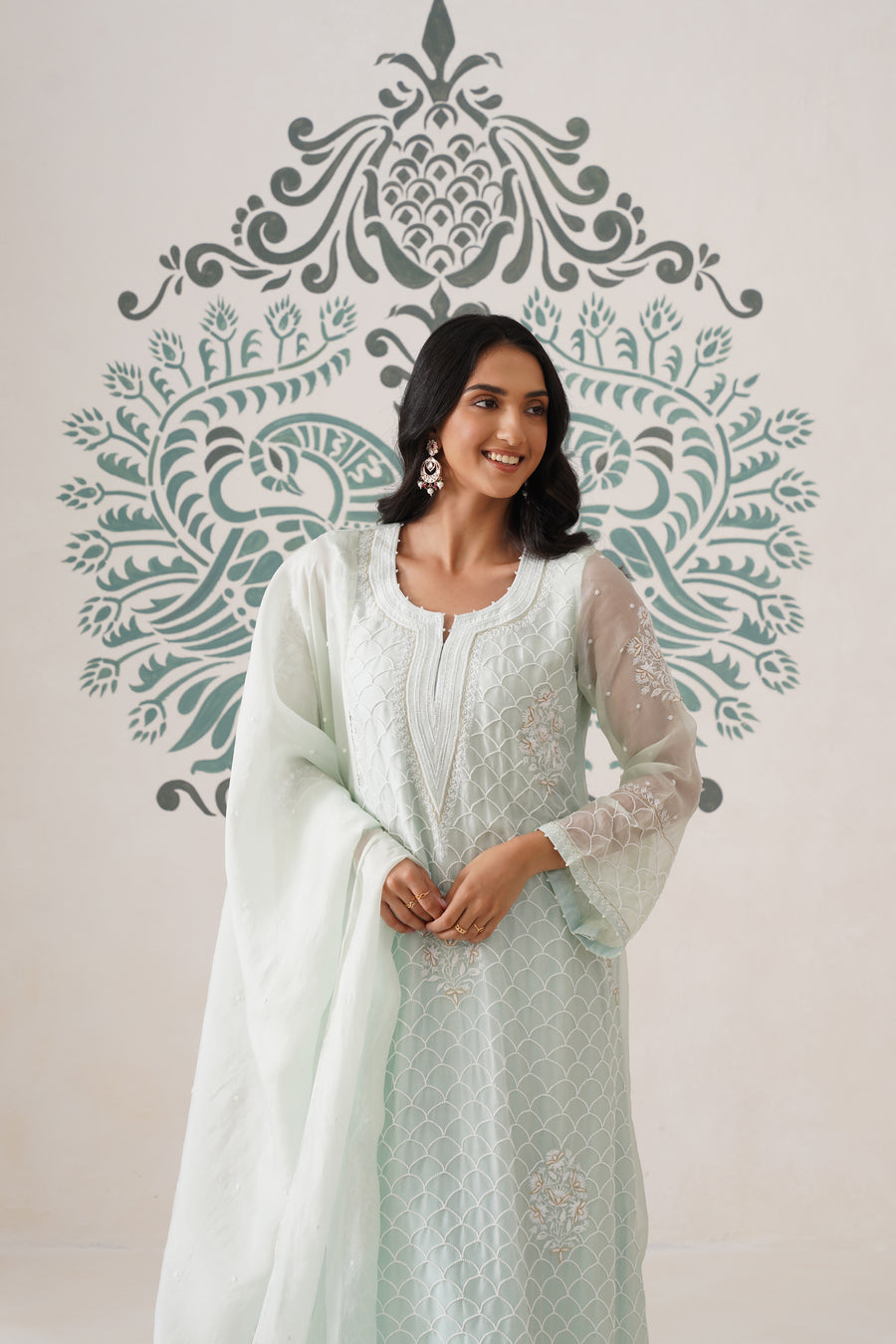 Chikankari Organza 3pc Suit - Mint Frost