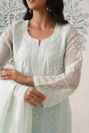 Chikankari Organza 3pc Suit - Mint Frost