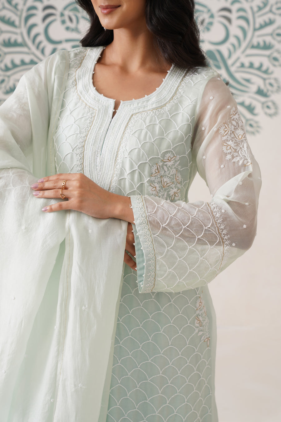 Chikankari Organza 3pc Suit - Mint Frost