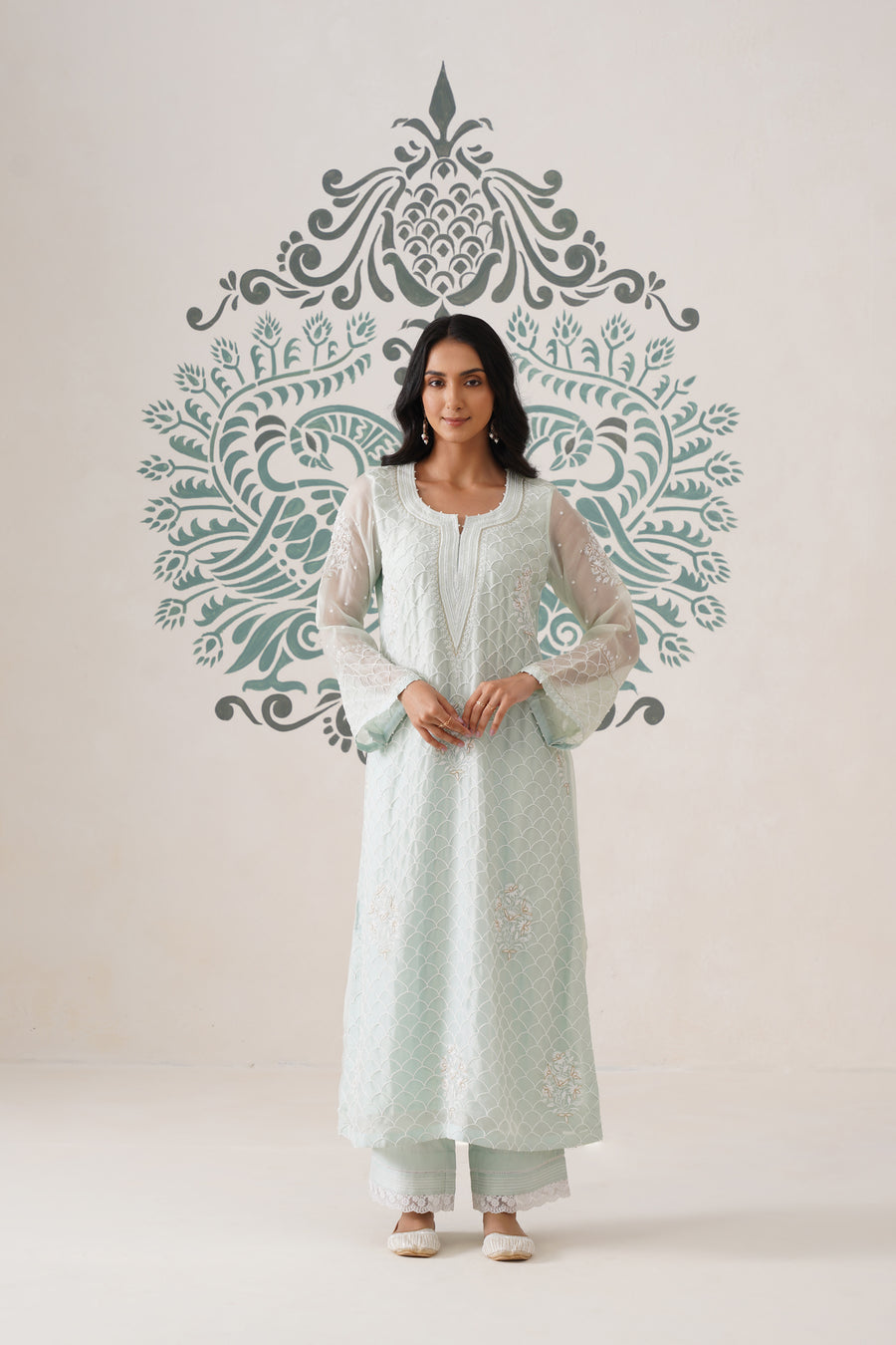 Chikankari Organza 3pc Suit - Mint Frost