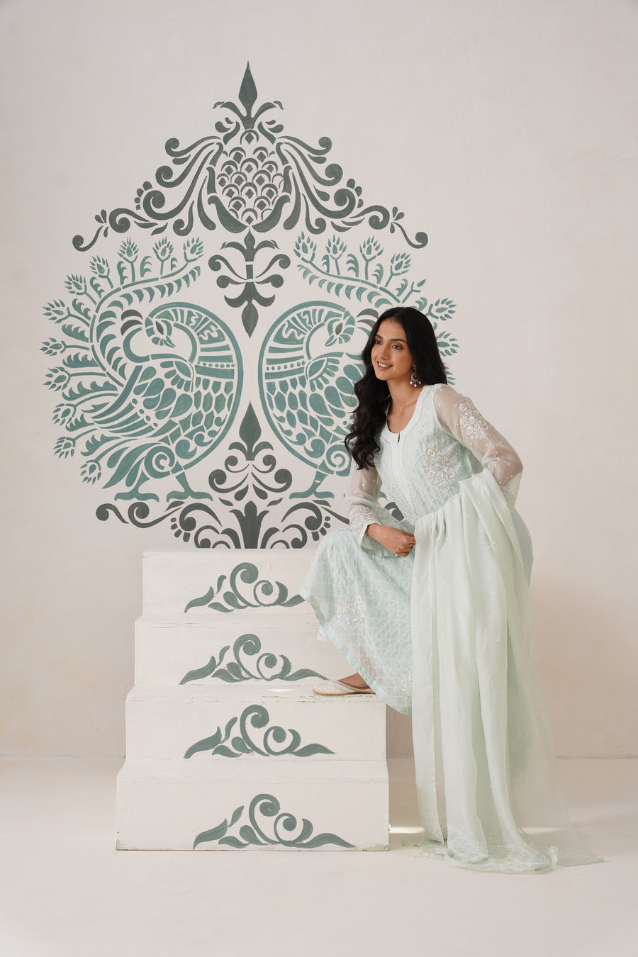 Chikankari Organza 3pc Suit - Mint Frost