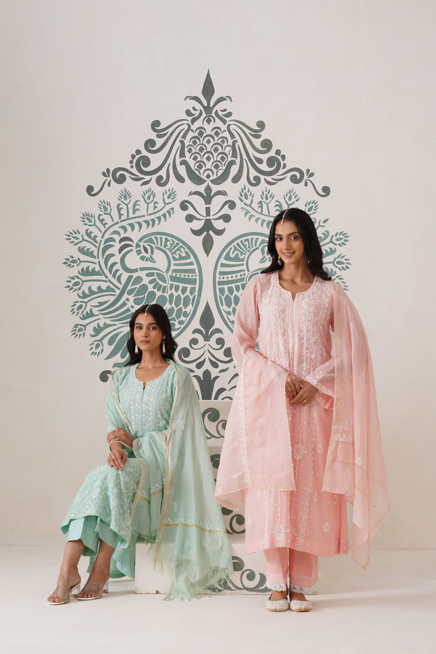 Chikankari Mul Chanderi 3pc Suit - Peaches Pink