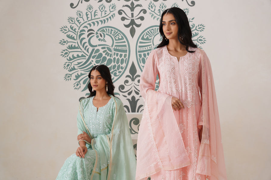 Chikankari Mul Chanderi 3pc Suit - Mint moss
