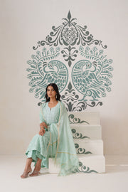 Chikankari Mul Chanderi 3pc Suit - Mint moss