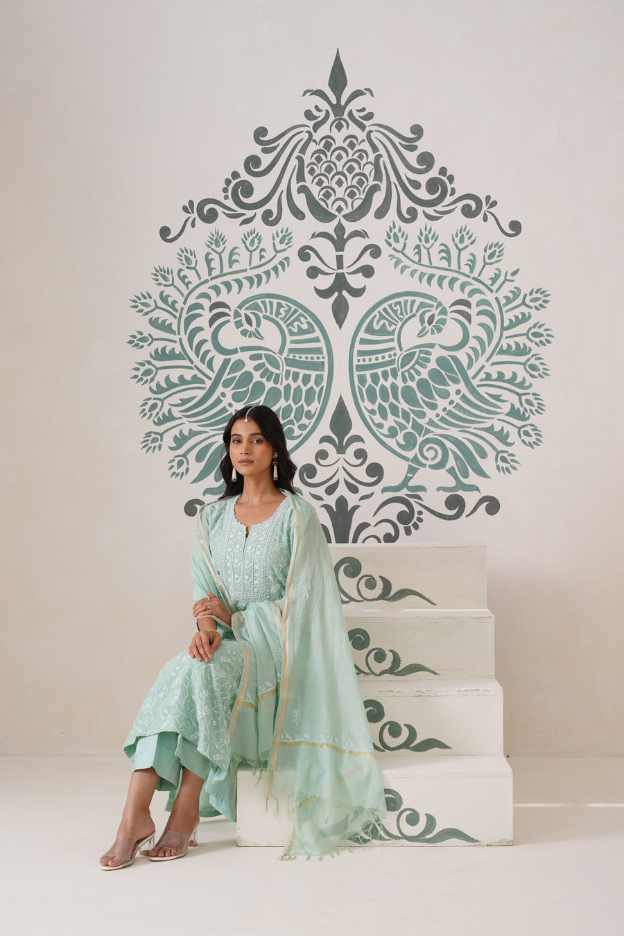 Chikankari Mul Chanderi 3pc Suit - Mint moss