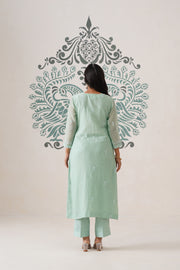 Chikankari Mul Chanderi 3pc Suit - Mint moss