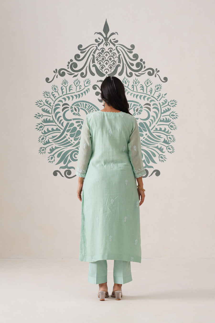 Chikankari Mul Chanderi 3pc Suit - Mint moss