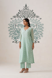Chikankari Mul Chanderi 3pc Suit - Mint moss