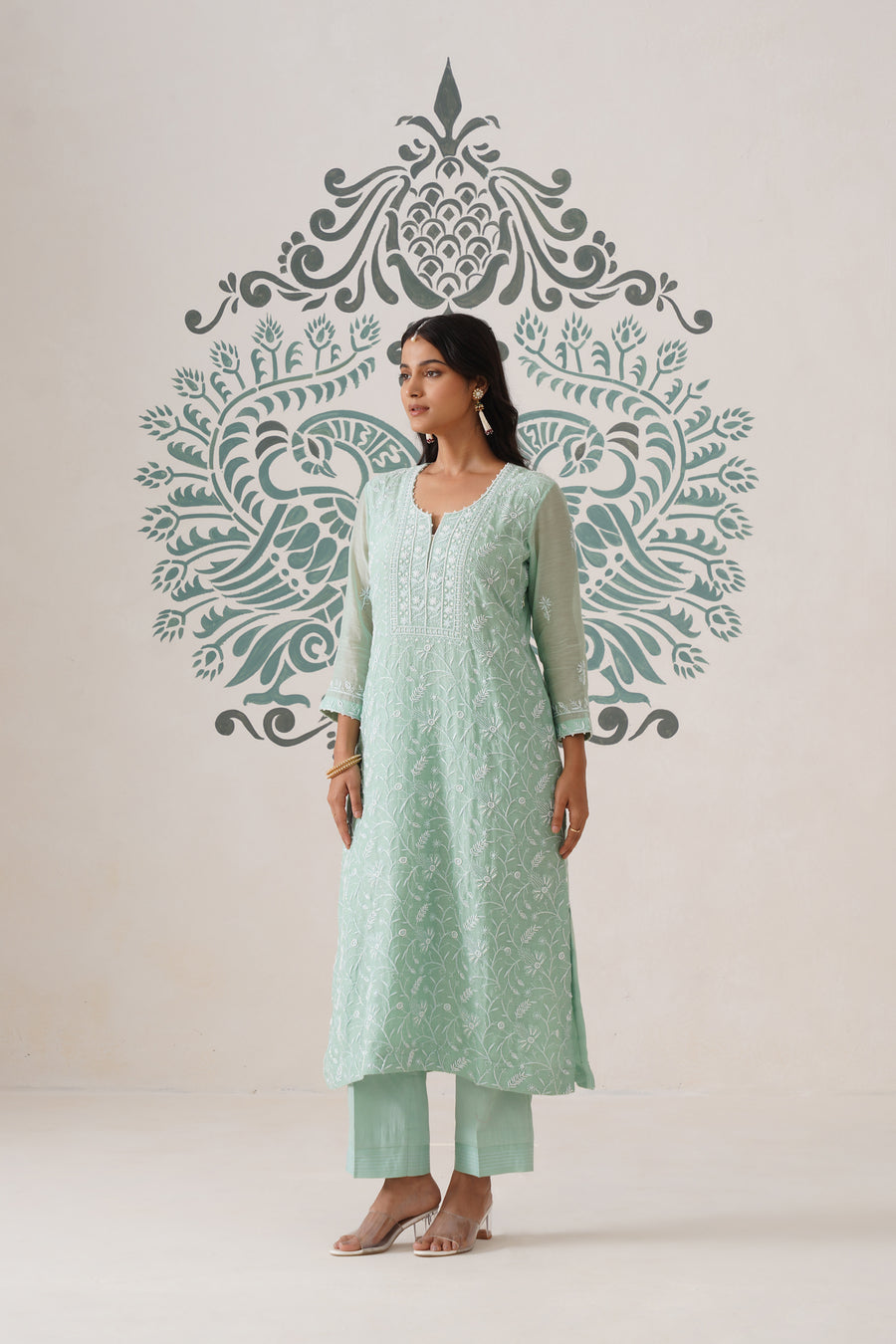 Chikankari Mul Chanderi 3pc Suit - Mint moss