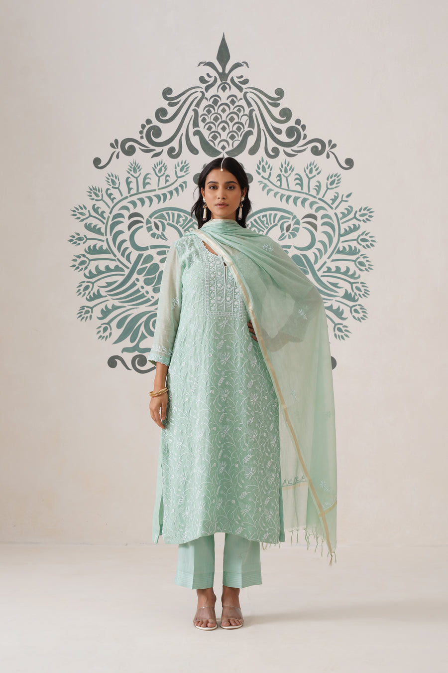 Chikankari Mul Chanderi 3pc Suit - Mint moss