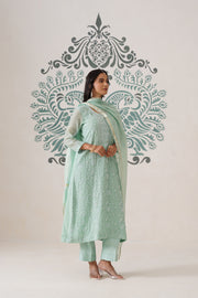 Chikankari Mul Chanderi 3pc Suit - Mint moss
