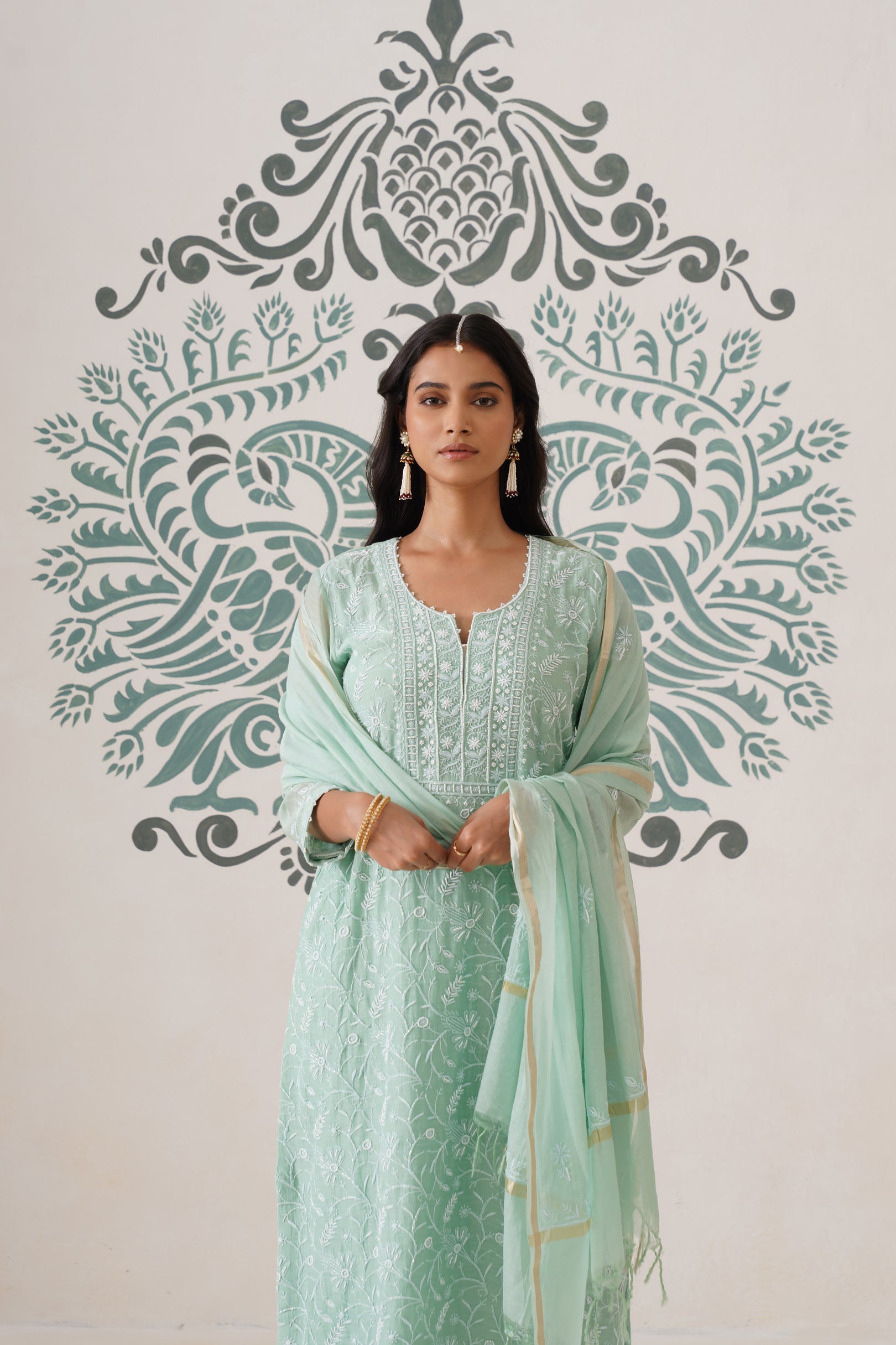 Chikankari Mul Chanderi 3pc Suit - Mint moss