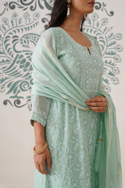Chikankari Mul Chanderi 3pc Suit - Mint moss