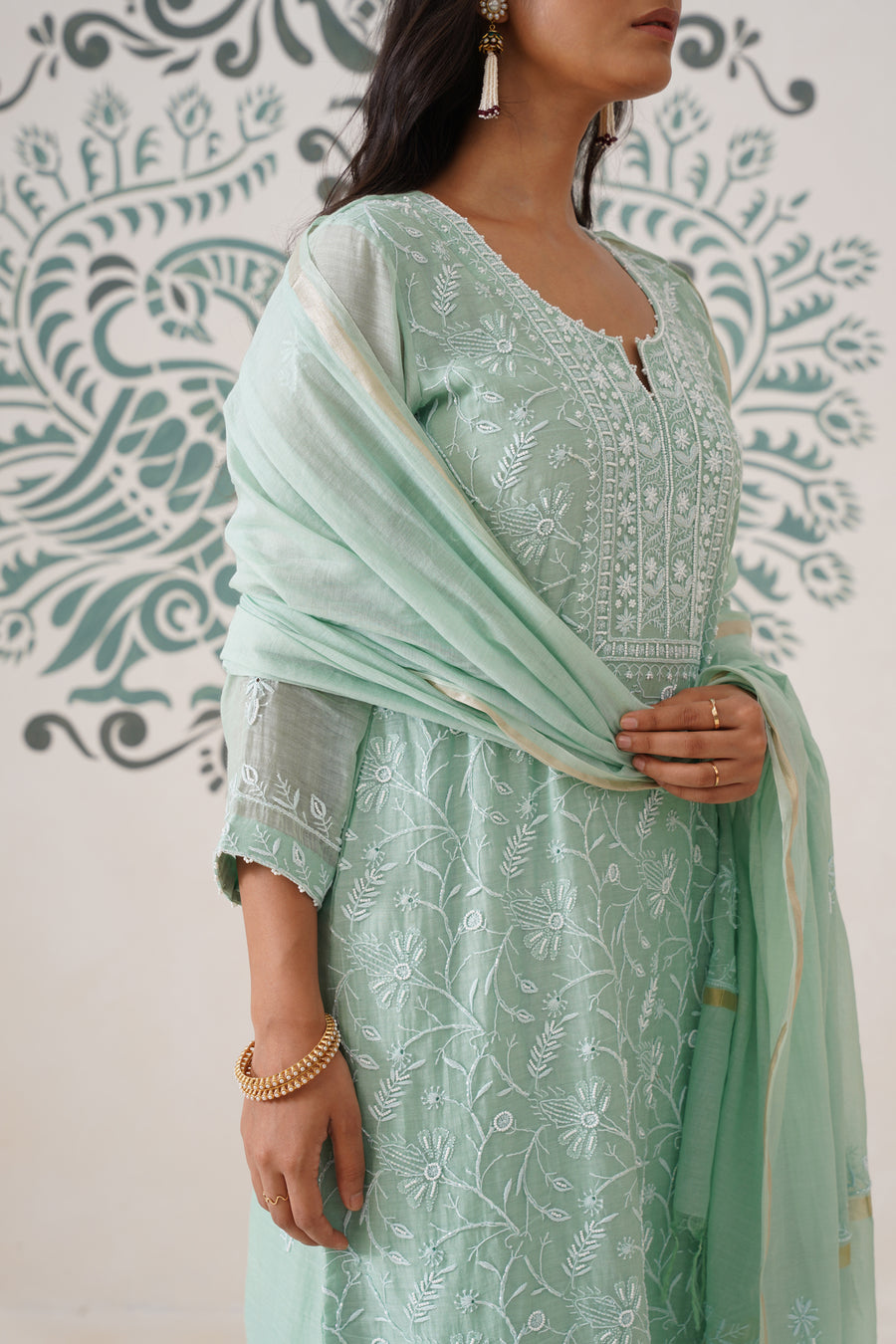 Chikankari Mul Chanderi 3pc Suit - Mint moss