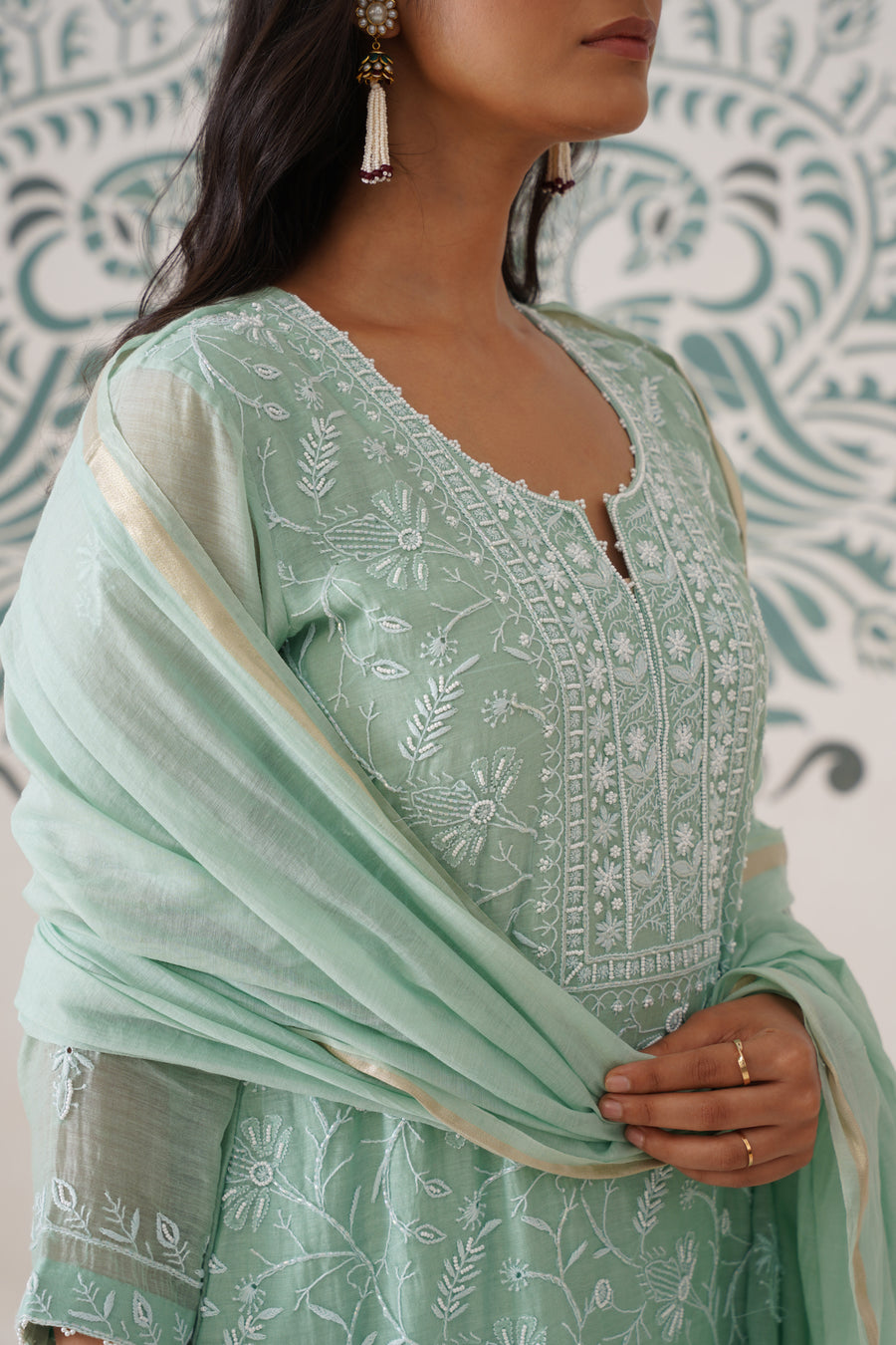 Chikankari Mul Chanderi 3pc Suit - Mint moss