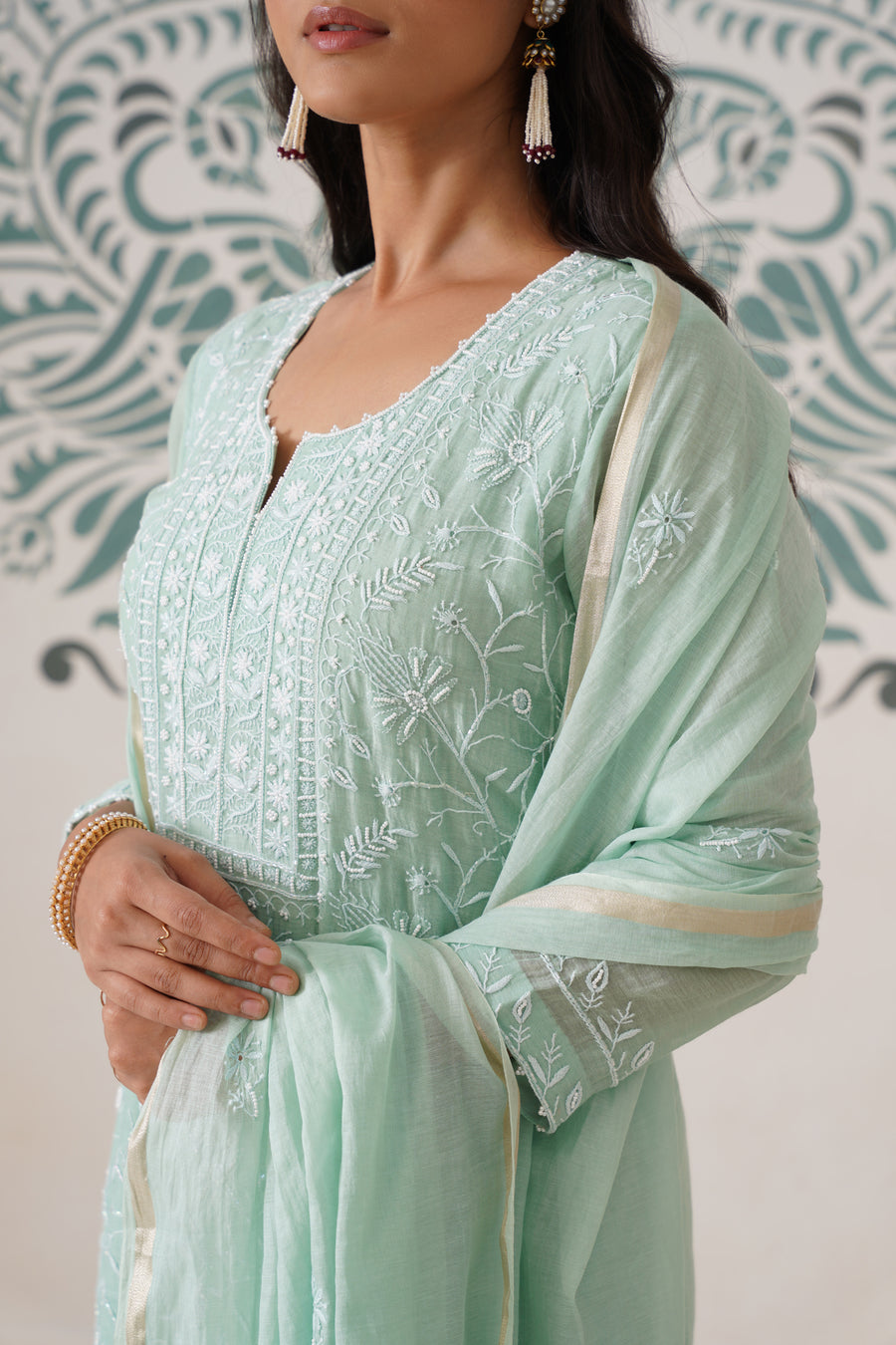Chikankari Mul Chanderi 3pc Suit - Mint moss