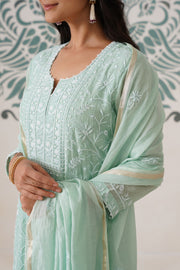 Chikankari Mul Chanderi 3pc Suit - Mint moss