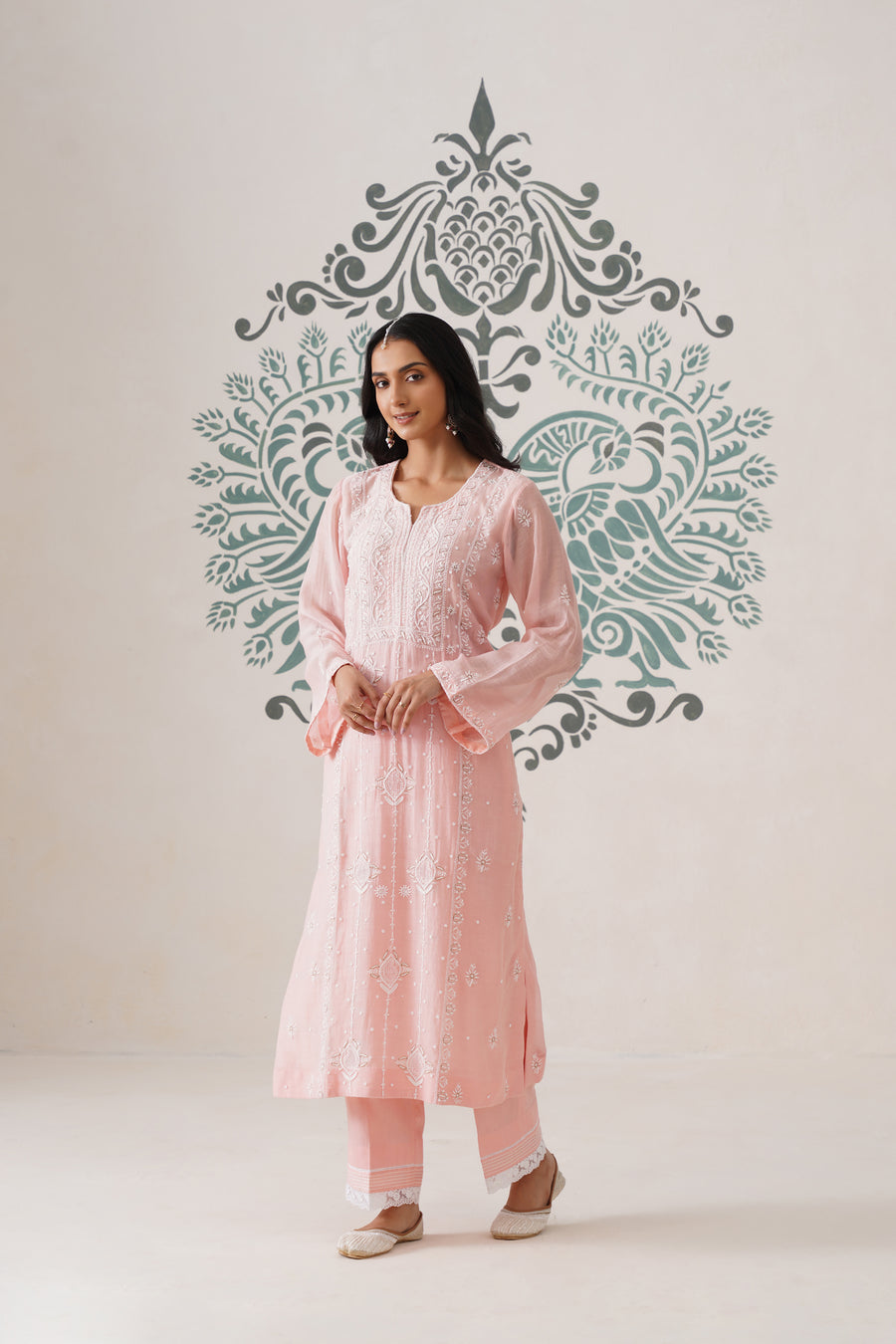 Chikankari Mul Chanderi 3pc Suit - Peaches Pink