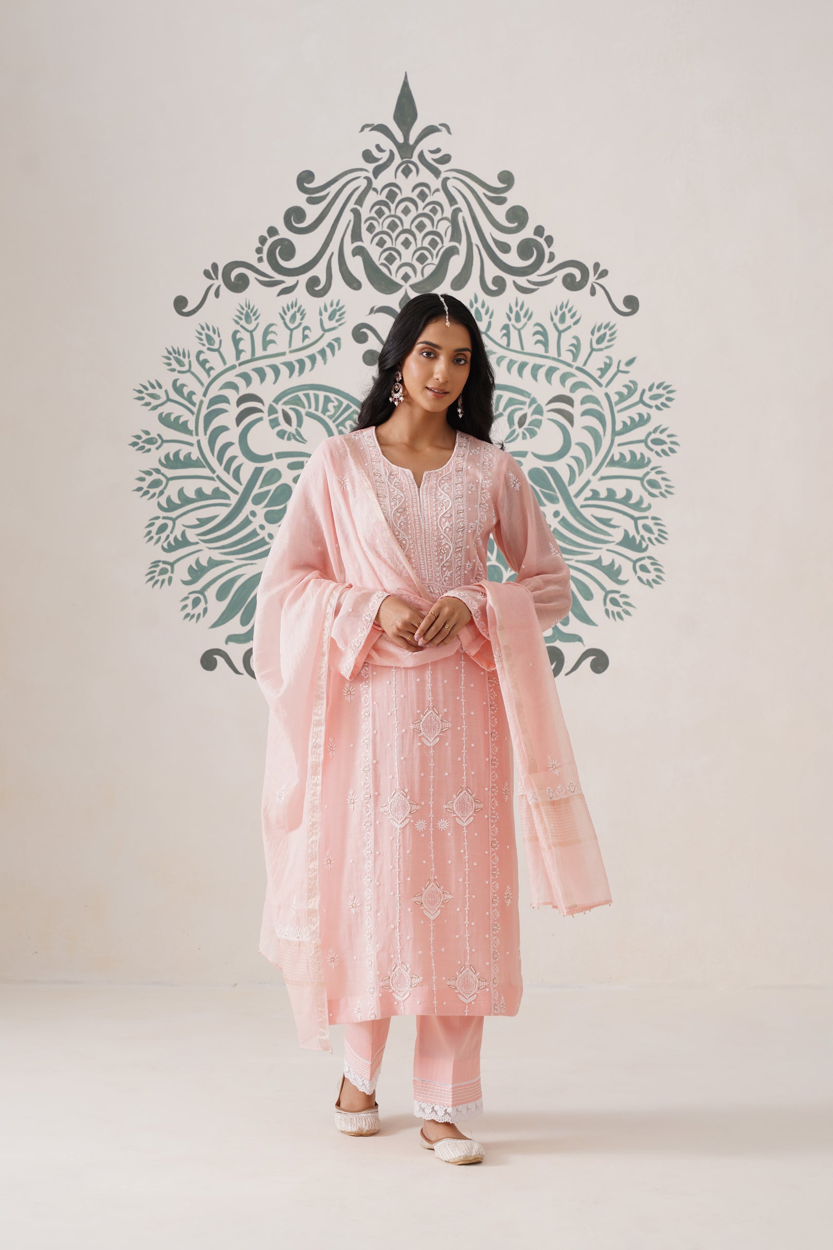 Chikankari Mul Chanderi 3pc Suit - Peaches Pink