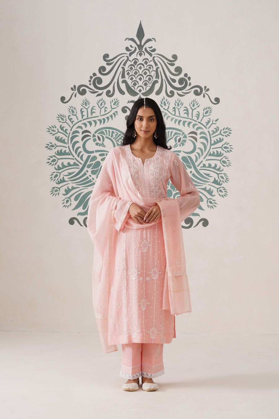 Chikankari Mul Chanderi 3pc Suit - Peaches Pink