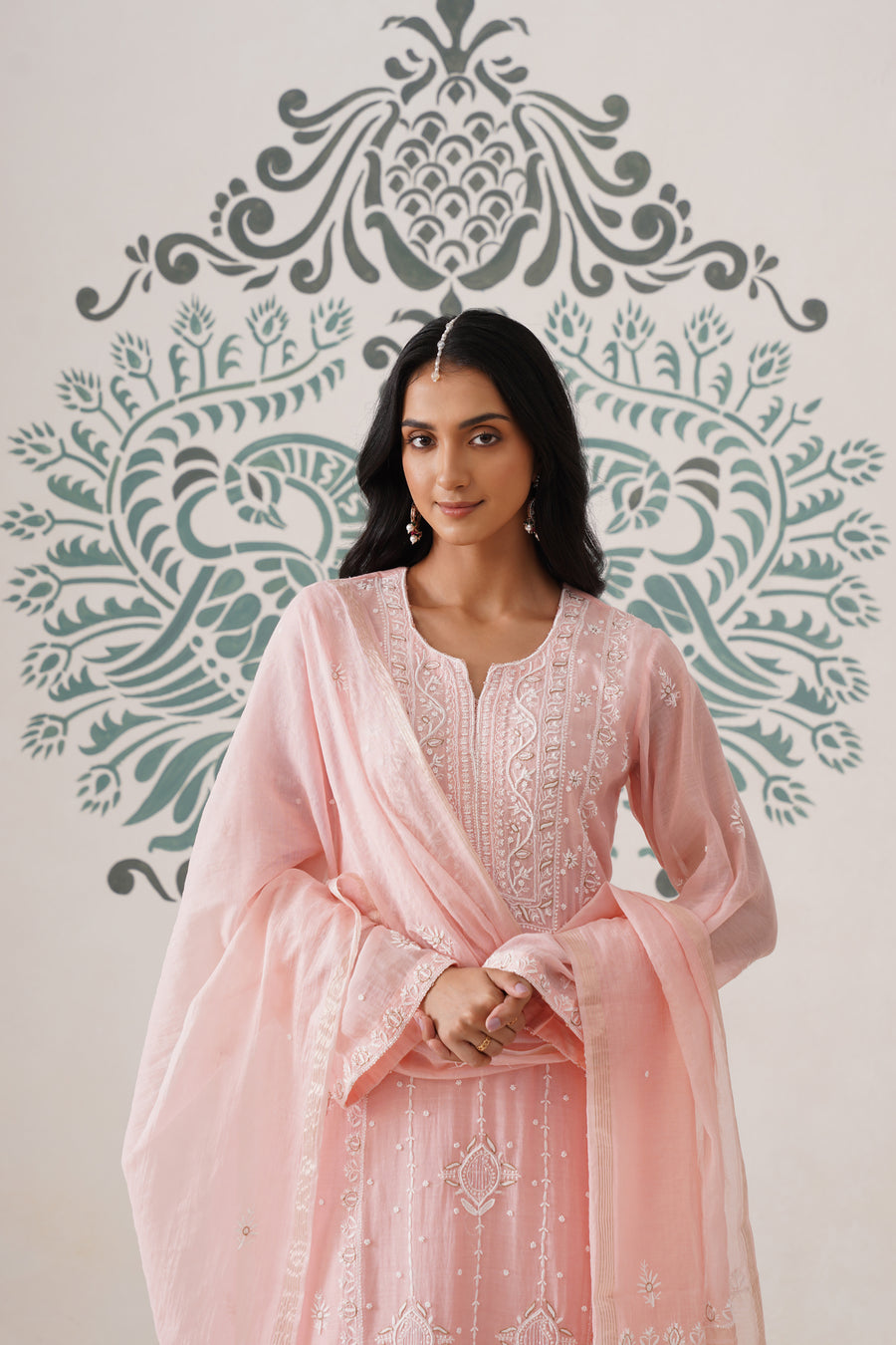 Chikankari Mul Chanderi 3pc Suit - Peaches Pink