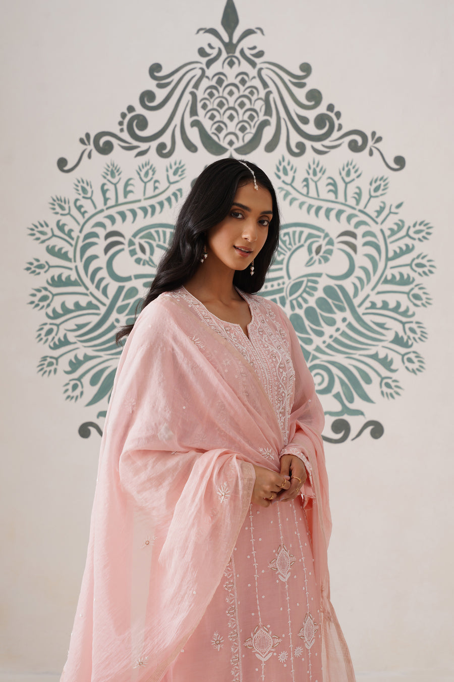 Chikankari Mul Chanderi 3pc Suit - Peaches Pink